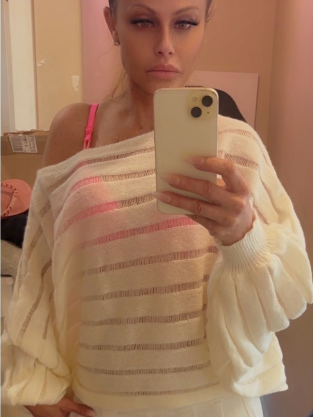 Off-Shoulder Cream Striped Lightweight Women's Sweater